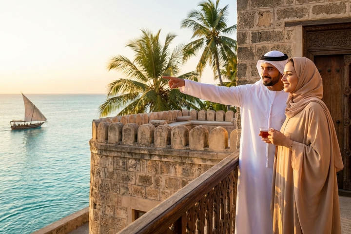 Halal honeymoon beach wedding in Zanzibar with private villa and romantic sunset setup