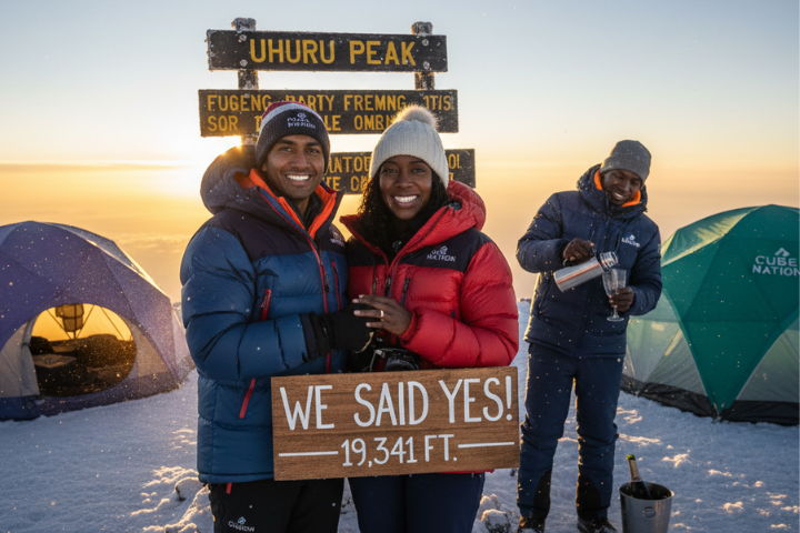 Romantic Kilimanjaro engagement moment at Uhuru Peak for luxury adventure couples