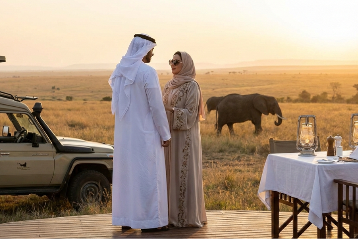 Luxury Arabic wedding in Serengeti with private exclusive-use safari lodge and sunset ceremony