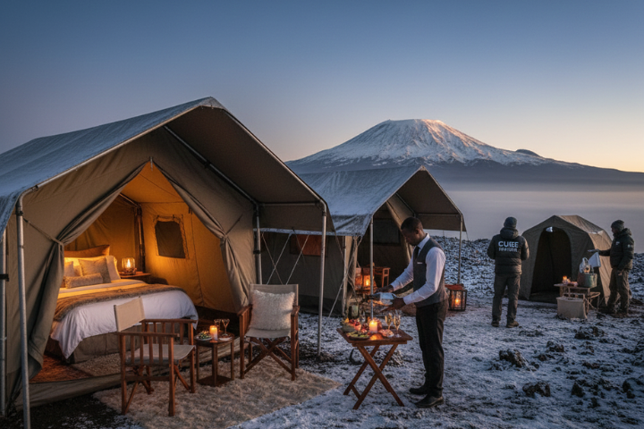 VIP luxury camping setup for couples trekking Mount Kilimanjaro with private tents, premium service, and romantic details