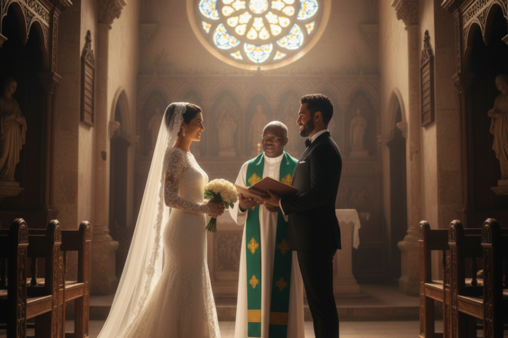 Catholic wedding couple meeting priest at St. Joseph’s Cathedral Stone Town Zanzibar