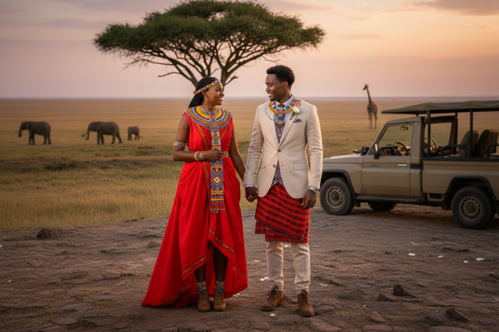 Couple wearing Maasai-inspired wedding outfits for safari wedding photoshoot