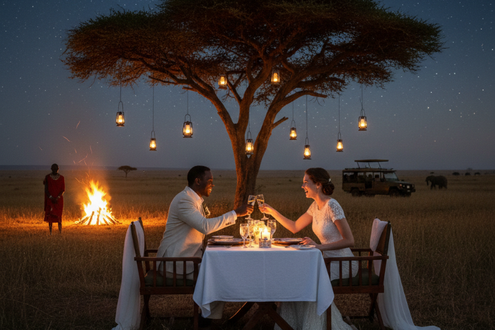 Couple enjoying a private bush dinner in the Tanzanian wilderness during a safari wedding or elopement