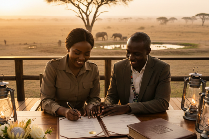 Officiant and couple signing legal documents for a Tanzanian safari wedding