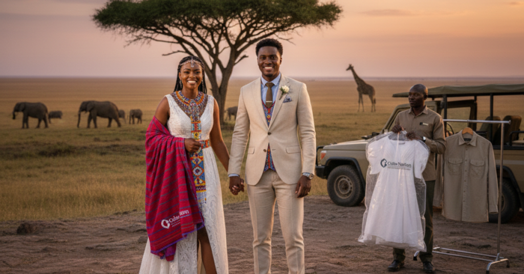 Bride and groom in safari wedding attire during a bush ceremony in Tanzania