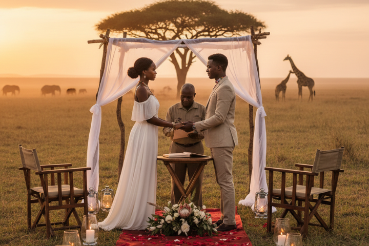 Intimate legal safari wedding setup in the Serengeti wilderness, Tanzania