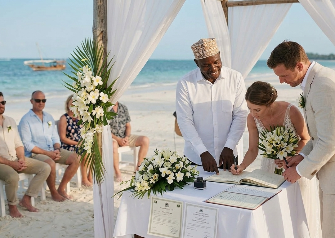 Couple signing legal marriage certificate in Zanzibar during wedding ceremony