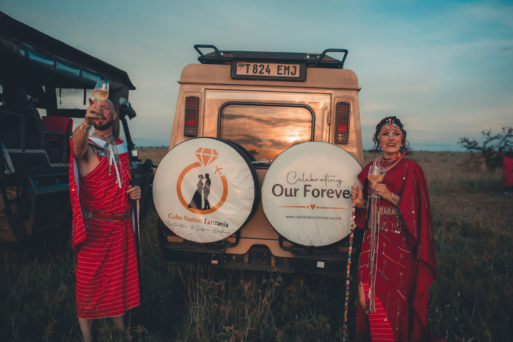 Couple exchanging vows during a safari wedding in Serengeti National Park